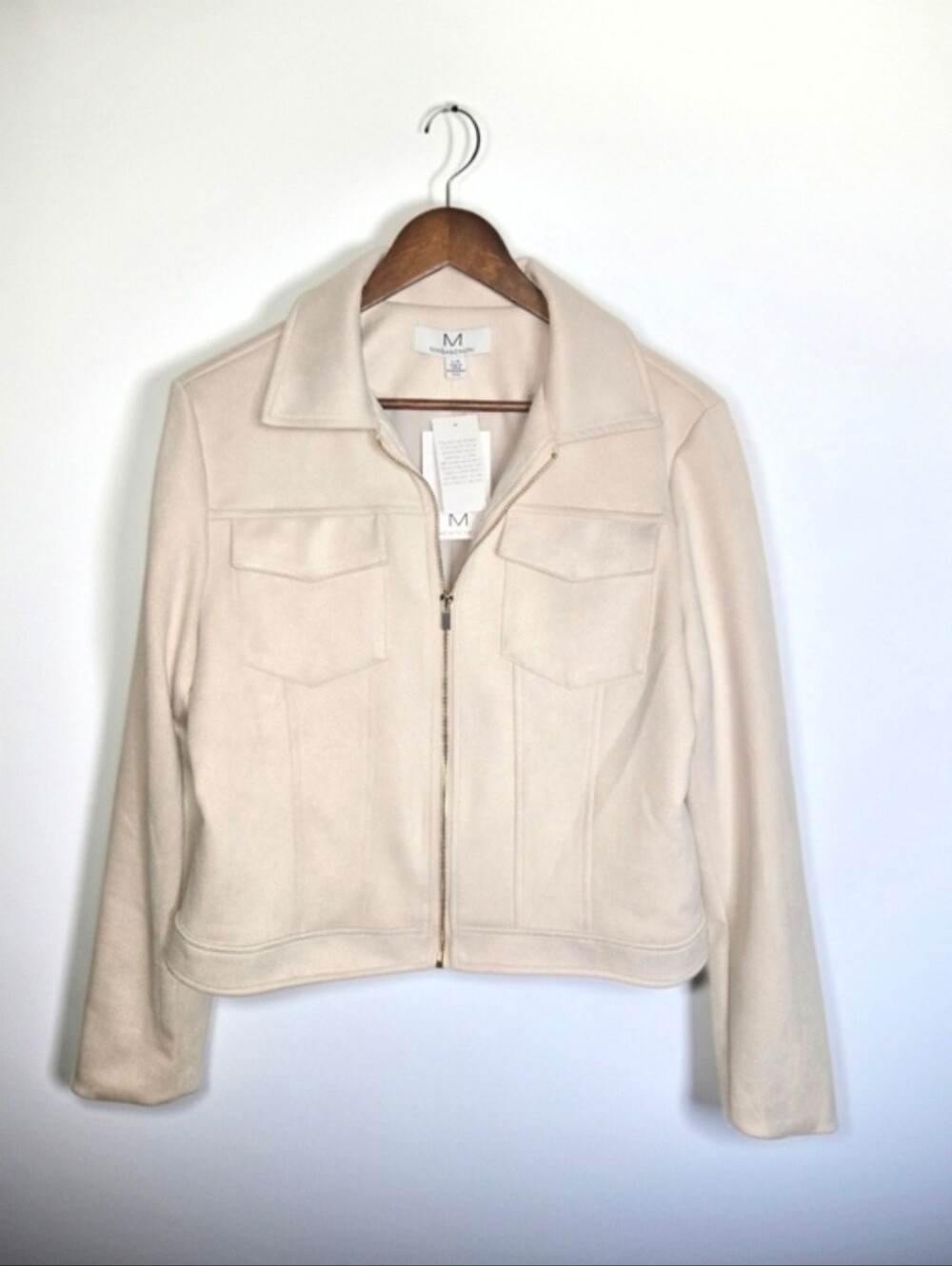 NWT Magaschoni Light Cream Zip-Up Super-Soft Faux Suede Leather Jacket Womens L - Picture 3 of 13